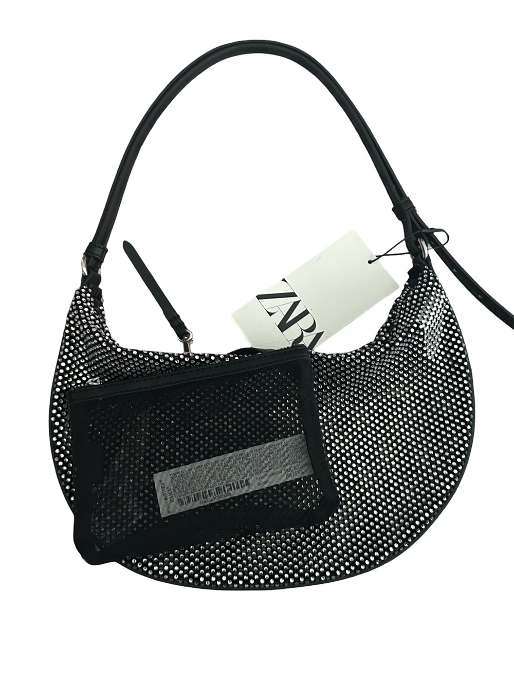 New Zara Black Crystal-Studded Mesh  Crescent Shoulder Bag with Pouch